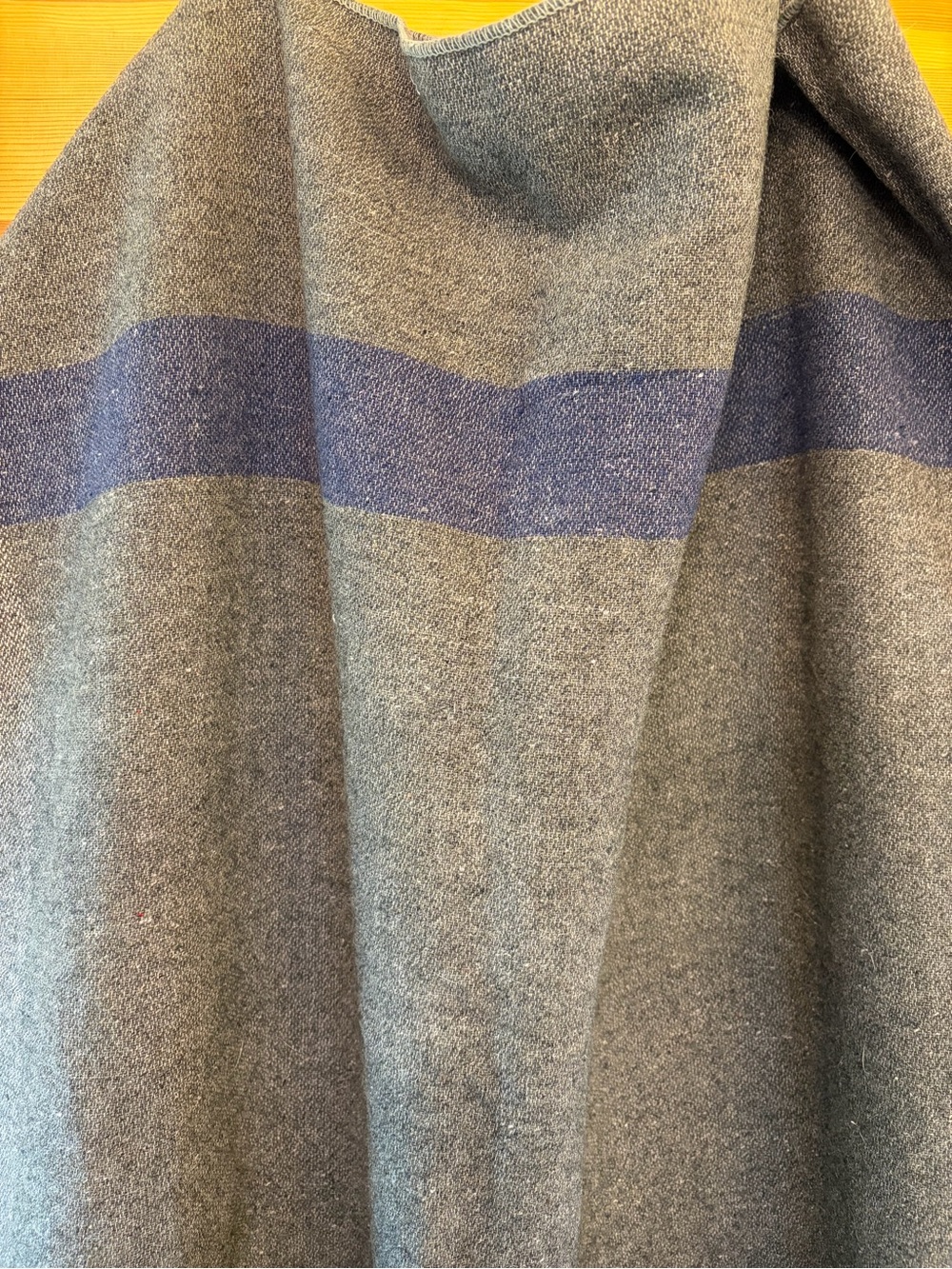 Vintage grey army blanket with Blue Stripe